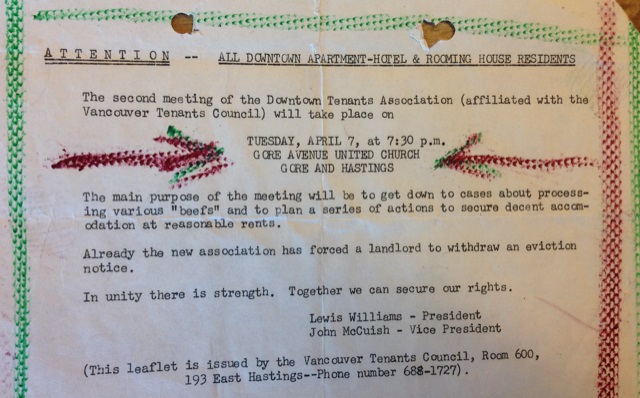 Organizing notice for Downtown Tenants Association, 1970