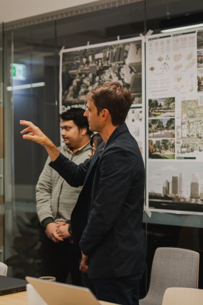 Master of Urban Design students presenting projects on transit oriented developments to industry partner SOM, a large global architecture practice.