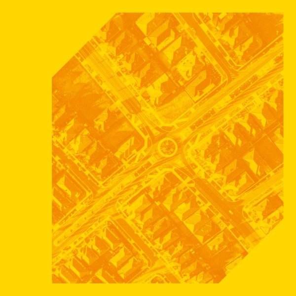 Future Suburbs 1x1 Photograph by John Gollings of the suburbs with orange graphic overlay