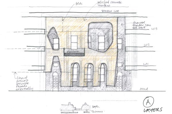 Detailed design sketch of the Joseph Reed facade of the Glyn Davis building.