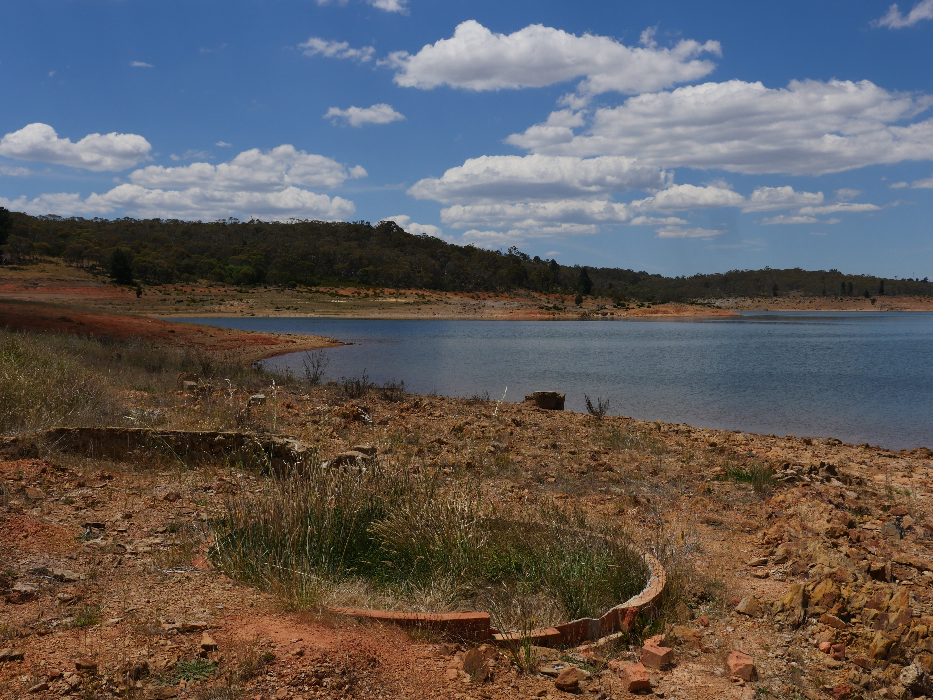 Photograph showing the remains of the original township of Adaminaby next to Lake Eucumbene.