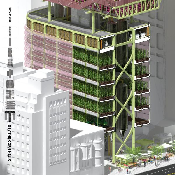 Close up of the section of the tower dedicated to corn, shows 5 floors of corn farming