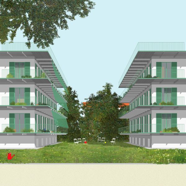 An illustration of a block of flats in a green setting