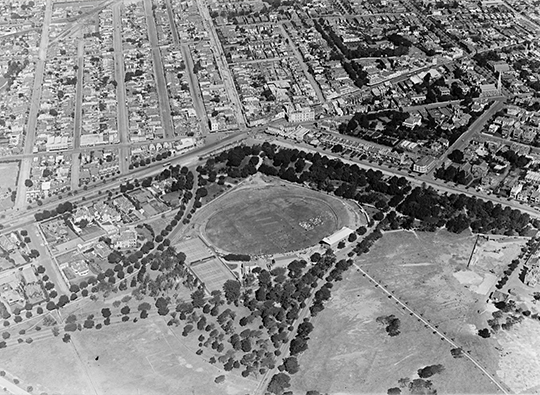 The original St Kilda Junction c1925-1929 showing the southern reaches of Albert Park and the Fitzroy Street Precinct. Source: State Library of Victoria.