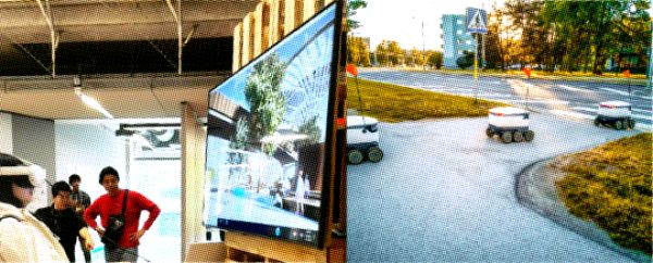 Image of people watching a screen juxtaposed with an image of small robotic vehicles.