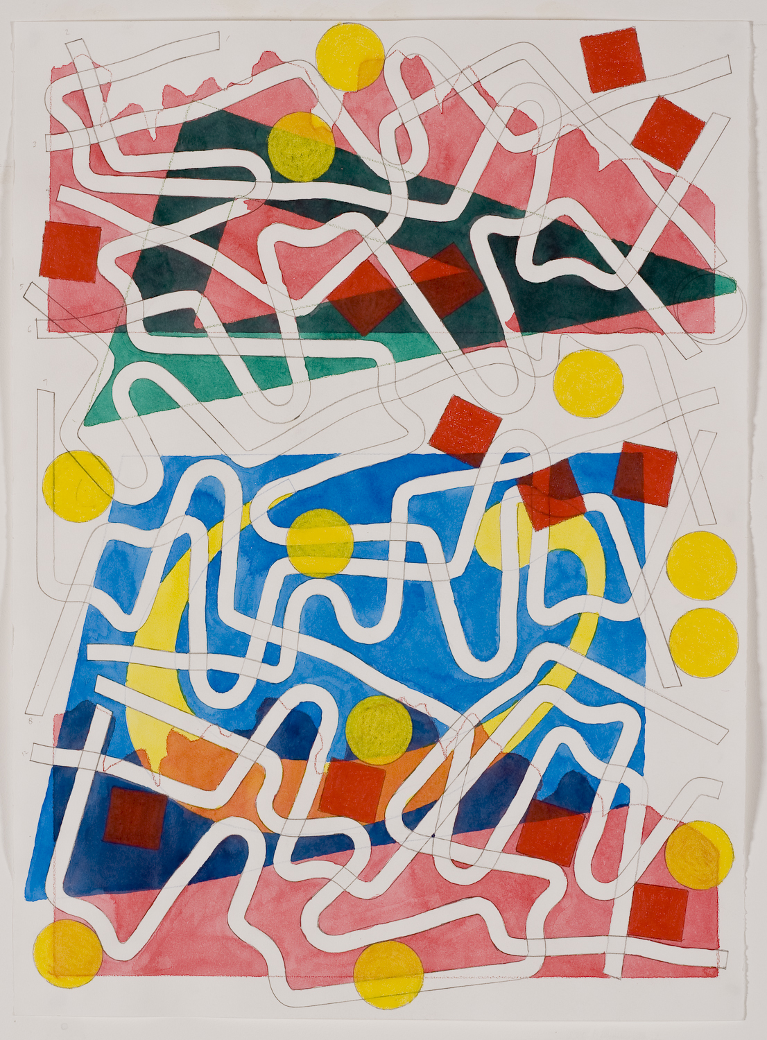 white paper with yellow circles, red squares 2013