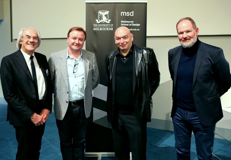 Photo of Interim Dean of the Faculty of Architecture, Building and Planning, Professor Daryl Le Grew, publisher Andrew Mackenzie, Jean Nouvel, Director of the Melbourne School of Design, Professor Alan Pert.