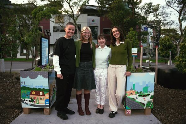 From left to right, Claire Newton, Amira Moshinsky, Ema Hagihara and Maria Bulmaga with the Remix Raingardens in background