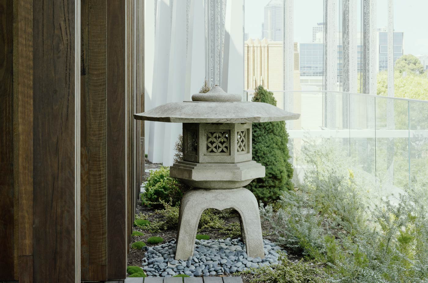 The stone lantern presented to the Lord Mayor of Melbourne by the City of Yokohama in 1956, residing in the Japanese Garden. 