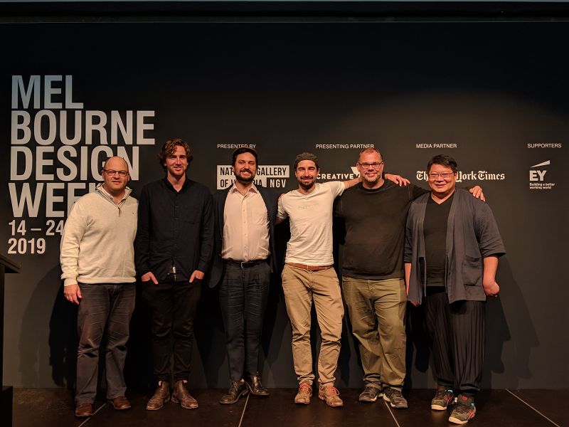 The Curvecrete project team and collaborators on stage at the NGV during the Victorian Design Challenge