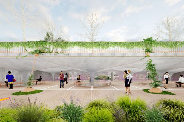 Outdoor, underground benches with students sitting down