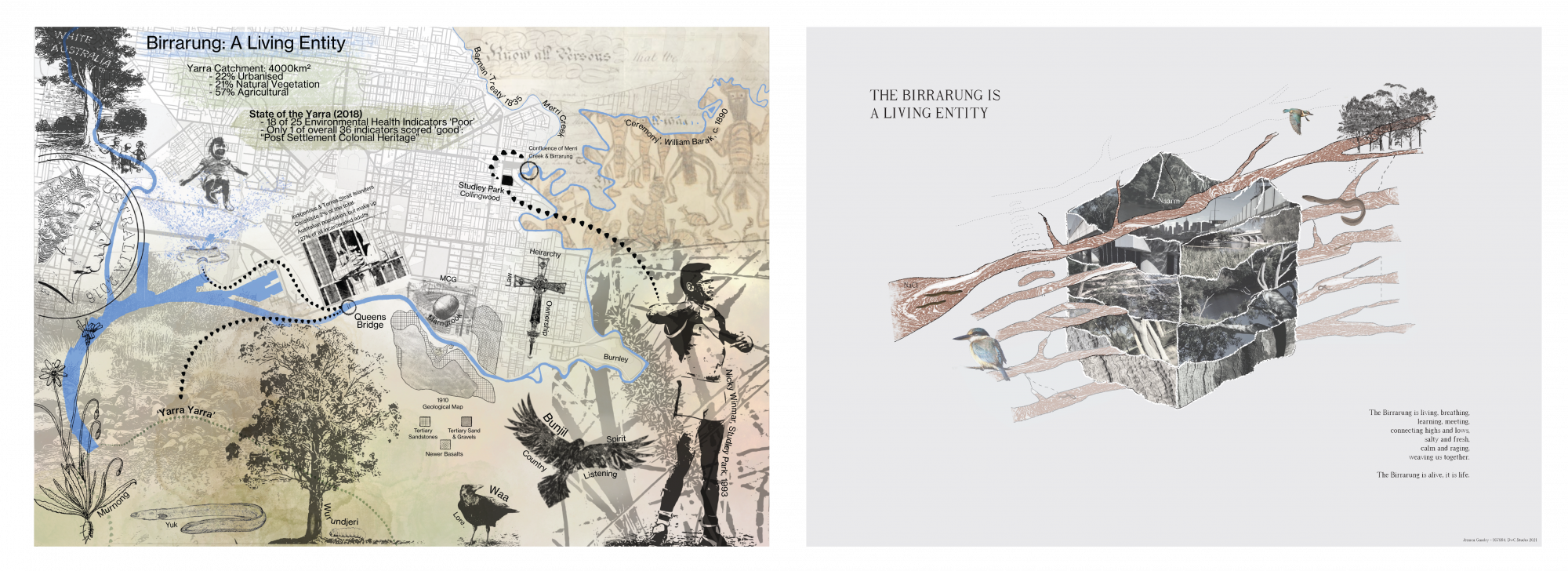 Two graphic posters showing students work from the Design with Country studio 'the Birraung as a living entity'
