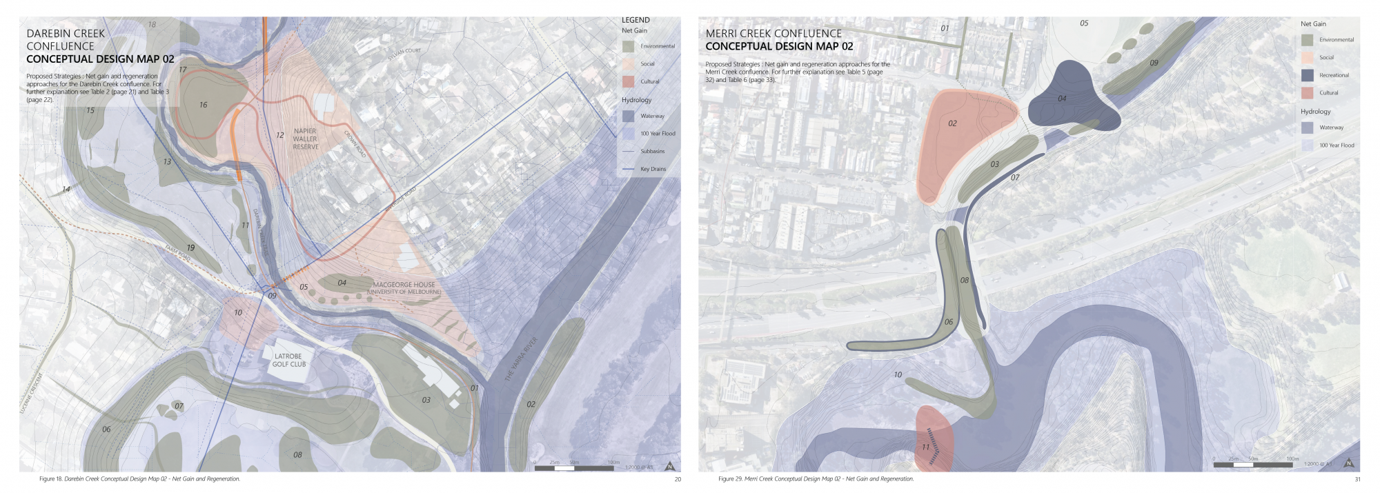 Two maps both showing various shematic and conceptual design ideas for ecologically generative design ideas for the confluences of both the Merri Creek and the Darebin Creek
