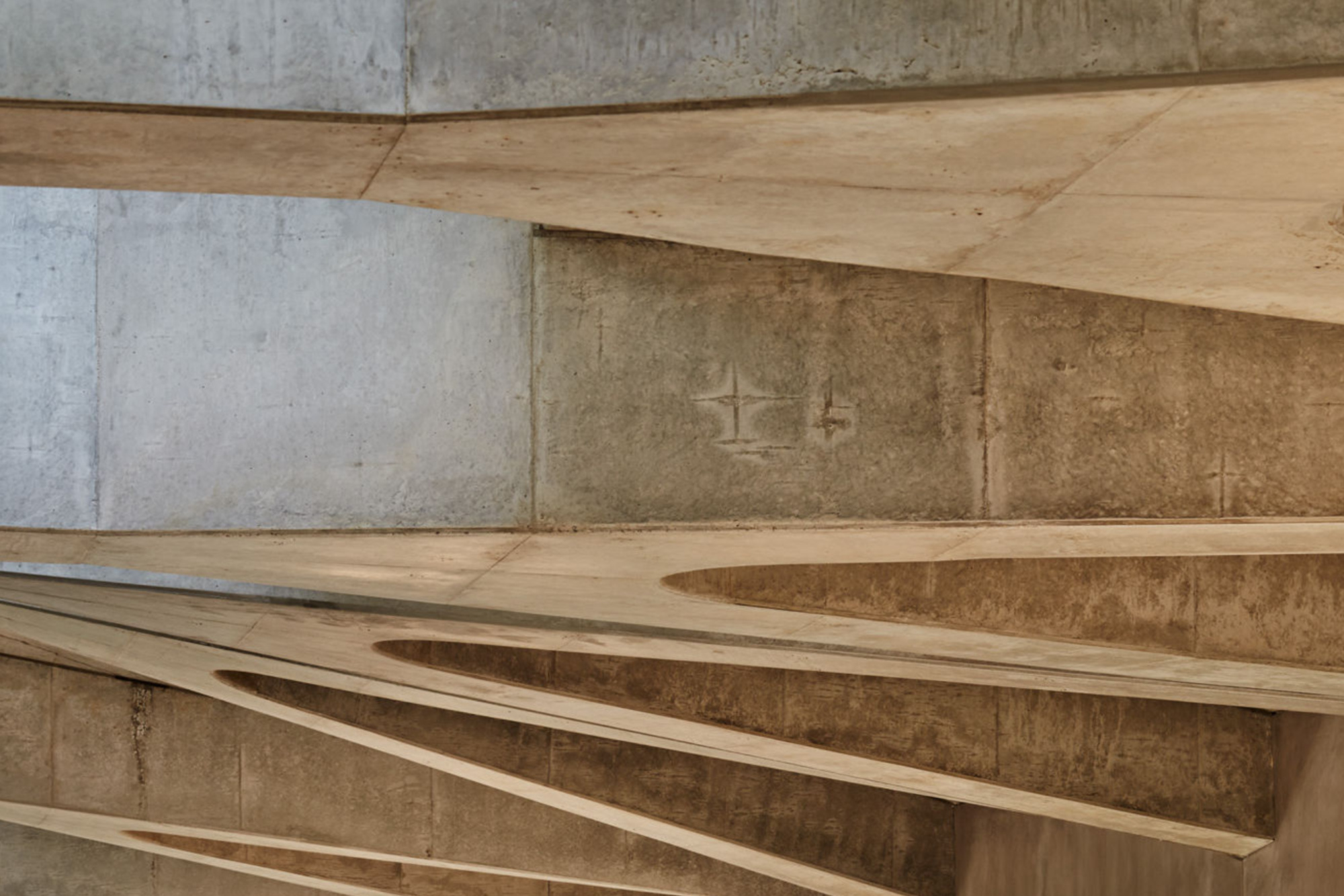 A close up view of concrete building eaves