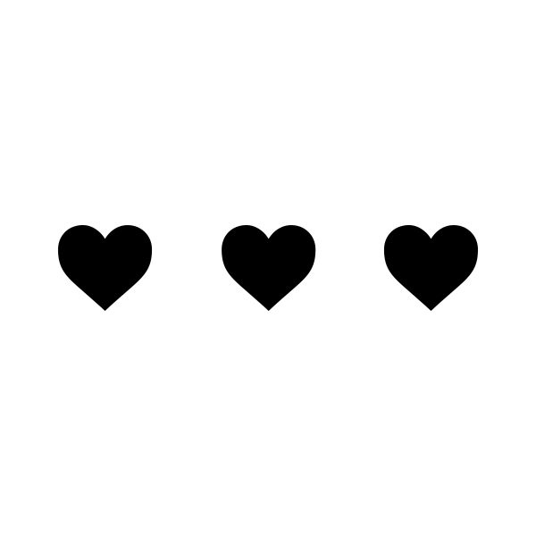 Three black hearts in a row on a white background