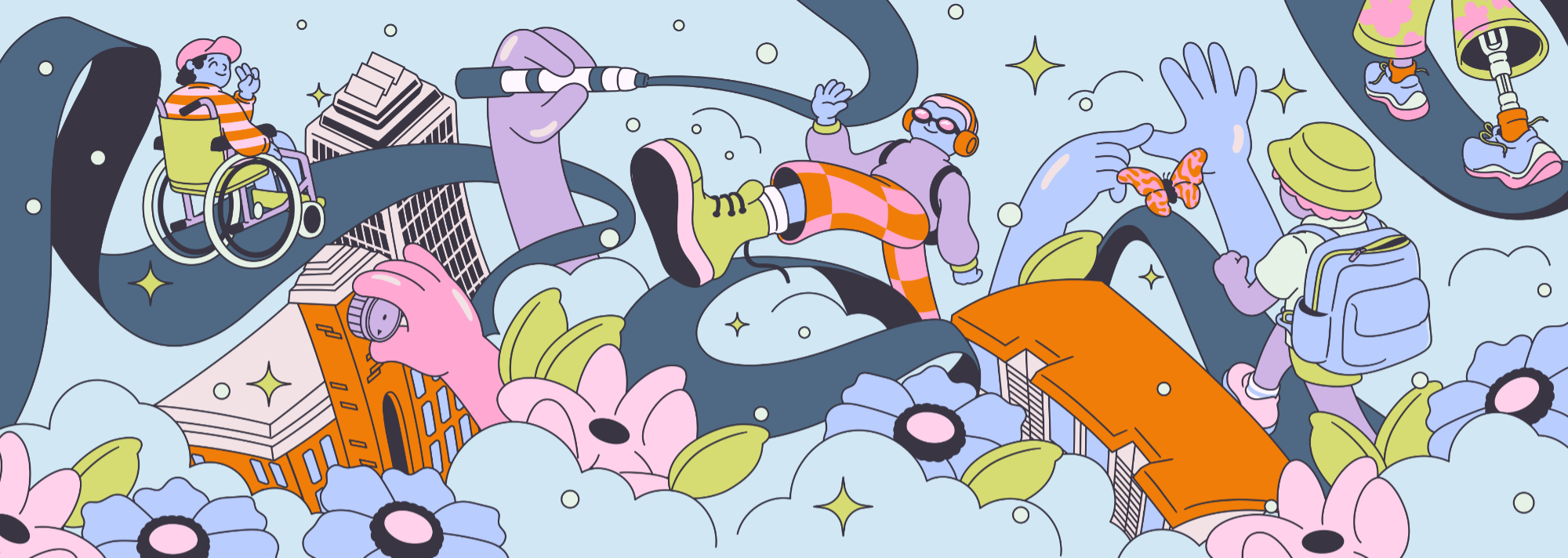 A brightly coloured illustration of cartoon figures