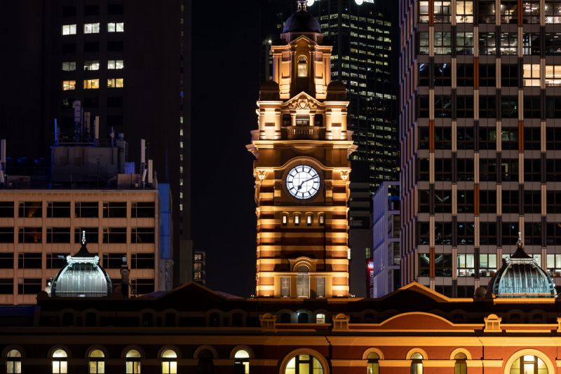 Photograph of the clock tower above Flinders Street station by Anna Edwards.