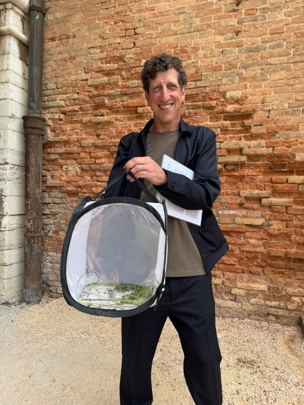 Alex Felson holding a carrier full of crickets at Venice Biennale