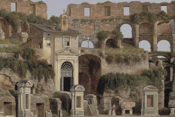 Illustration of a church with ruins